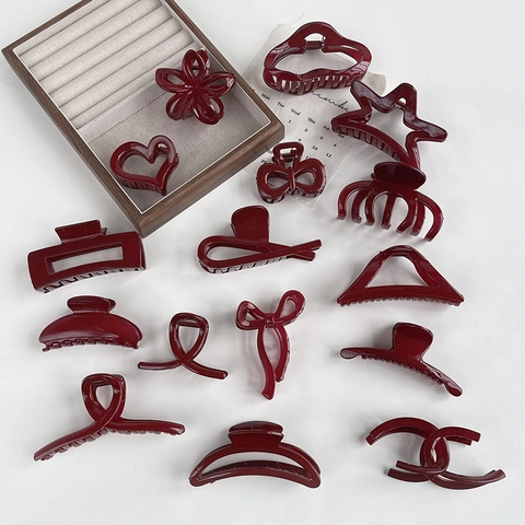 Damen Weinrot Haarkralle Glänzend Geometrische Haarklammer Für Dickes Haar Retro Herz Stern Blume Haarschmuck