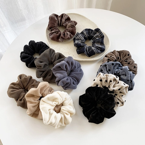 Vintage Velvet Fabric Hair Scrunchies For Women Elegant Solid Color Plaid Polka Dot Hair Ties Elastic Ponytail Holder