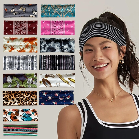 Fascia Capelli Larga Con Stampa Paisley Bohemienne Fascia Sportiva Elastica Yoga Per Donna