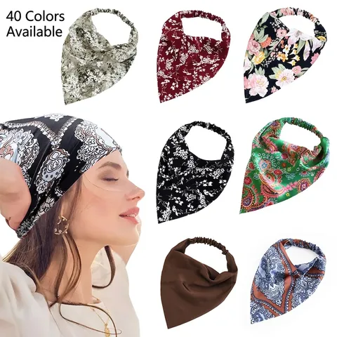 Women Elastic Triangle Headband Floral Paisley Satin Look Polyester Scarf Hair Band Bohemian Headscarf For Vacation Daily Hair Accessories