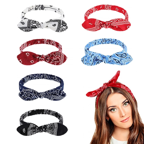 Women Paisley Printed Elastic Headband Soft Cloth Bow Rabbit Ear Hair Band Western Vintage Floral Turban Hair Accessories