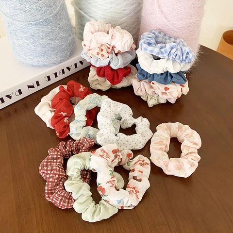 Korean Style Floral Fabric Scrunchies For Women High Elasticity Hair Ties Vintage Plaid Polka Dot Hair Accessories Hair Rope