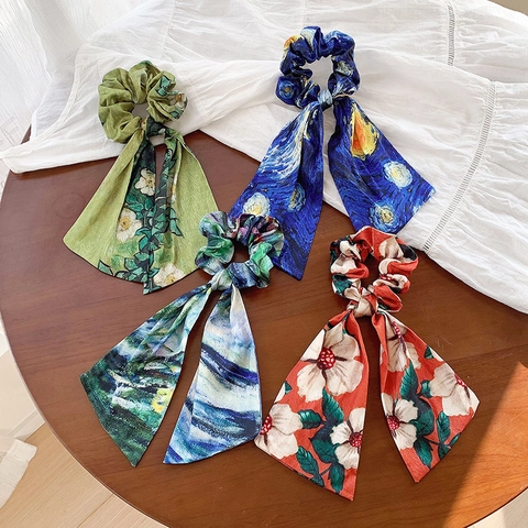 Vintage Ölgemälde Schal Haargummis Für Damen Künstlerische Stoffband Haarseil Ponytail Halter Florale Haaraccessoires