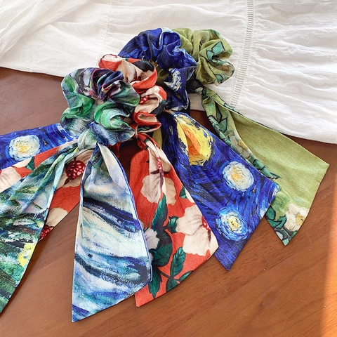 Vintage Ölgemälde Schal Haargummis Für Damen Künstlerische Stoffband Haarseil Ponytail Halter Florale Haaraccessoires