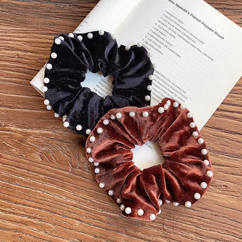 Chouchou en Velours Vintage avec Perles Artificielles Élégant Bandeau Élastique pour Femmes Style Français Rétro Accessoires de Cheveux en Velours