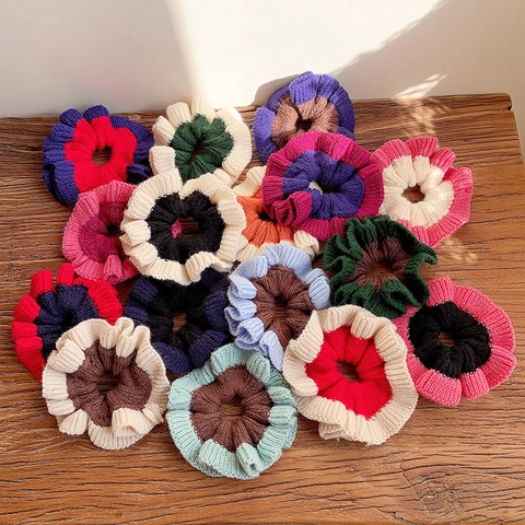 Handgefertigte Color-Blocking Gestrickte Wollgarn Scrunchies Für Damen Weiche Gerippte Große Pferdeschwanzhalter Winter Zubehör