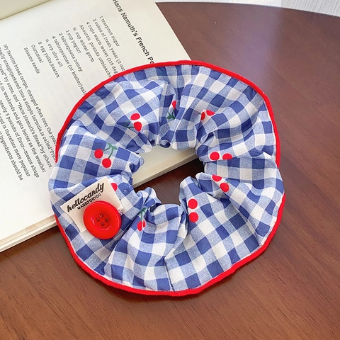 Blue Plaid Cherry Print Scrunchie With Red Button Decor Academy Style Polyester Hair Tie For Women Girls Hair Accessories
