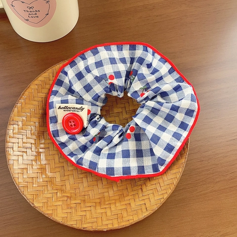 Blue Plaid Cherry Print Scrunchie With Red Button Decor Academy Style Polyester Hair Tie For Women Girls Hair Accessories