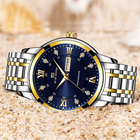 Luxury Men Quartz Watch Stainless Steel Waterproof Business Watch With Day Date Roman Numerals Rhinestone Dial Wristwatch