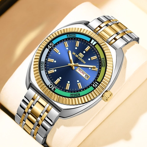 VA VA VOOM Orologio al Quarzo da Uomo Cinturino in Acciaio Inossidabile Impermeabile Luminoso Doppio Calendario Business Moda