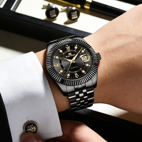 Luxury Men's Business Quartz Watch Stainless Steel Band Waterproof Luminous Calendar Wristwatch Fashion Jewelry Accessory for Men