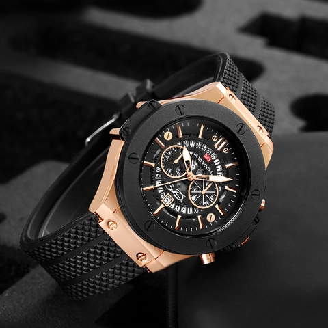 Orologio VA VA VOOM Uomo Sport al Quarzo Scheletro Calendario 30M Impermeabile Cinturino in Silicone Oro Rosa Nero Moda