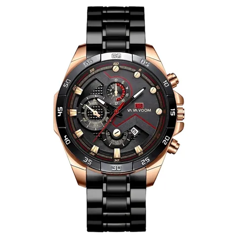 VA VA VOOM Mens Quartz Watch Stainless Steel Case Leather Strap Waterproof Chronograph Luminous Date Casual Sport Wristwatch