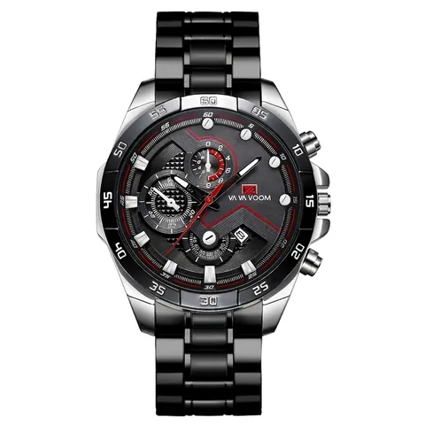 VA VA VOOM Mens Quartz Watch Stainless Steel Case Leather Strap Waterproof Chronograph Luminous Date Casual Sport Wristwatch