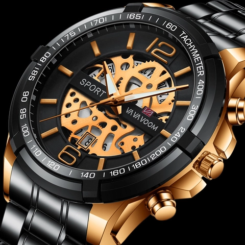 VA VA VOOM Men's Sport Quartz Watch Skeleton Dial Luminous Hands Calendar Stainless Steel Band 30M Waterproof Business Wristwatch