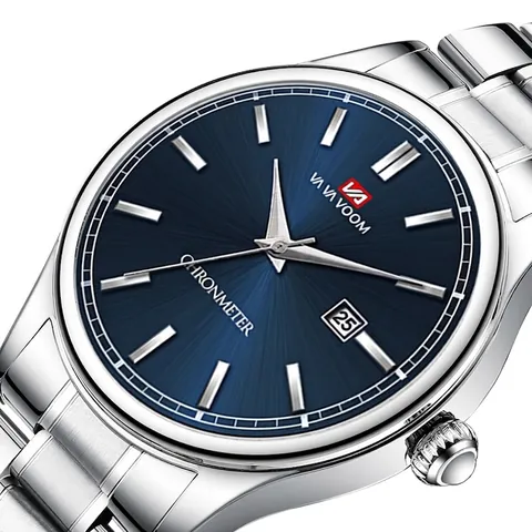 Reloj de Cuarzo para Hombre VA VA VOOM Con Caja de Acero Inoxidable y Correa de Cuero Negro Reloj de Pulsera Casual de Negocios