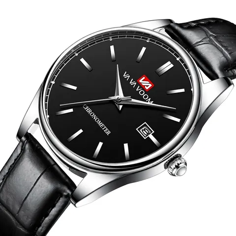 Reloj de Cuarzo para Hombre VA VA VOOM Con Caja de Acero Inoxidable y Correa de Cuero Negro Reloj de Pulsera Casual de Negocios