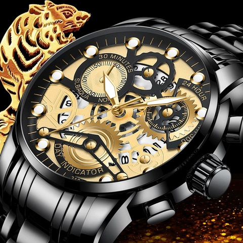 Orologio al Quarzo Moda Business da Uomo Cinturino in Acciaio Inossidabile Quadrante Scheletrato Calendario Luminoso Impermeabile