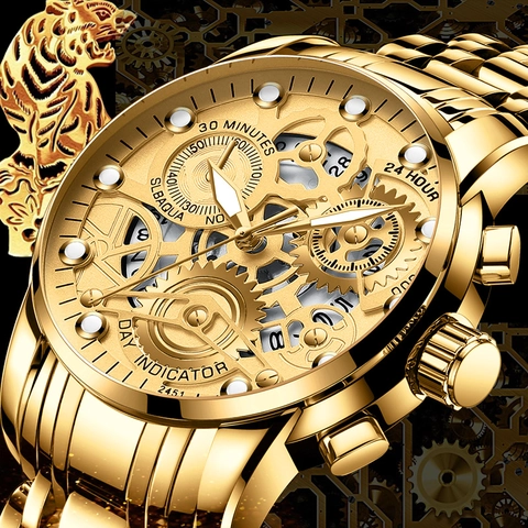 Orologio al Quarzo Moda Business da Uomo Cinturino in Acciaio Inossidabile Quadrante Scheletrato Calendario Luminoso Impermeabile