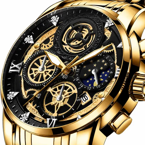 Men's Quartz Watch Stainless Steel Band Skeleton Sun Moon Phase Dial Waterproof Rhinestone Luminous Business Wristwatch