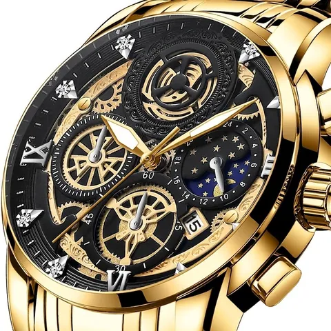 Men's Quartz Watch Stainless Steel Band Skeleton Sun Moon Phase Dial Waterproof Rhinestone Luminous Business Wristwatch