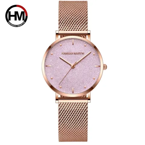 Women Fashion Quartz Watch Starry Sky Frosted Dial Minimalist Mesh Stainless Steel Strap Waterproof Elegant Wristwatch