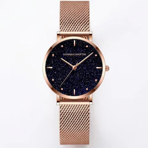 Women Fashion Quartz Watch Starry Sky Frosted Dial Minimalist Mesh Stainless Steel Strap Waterproof Elegant Wristwatch