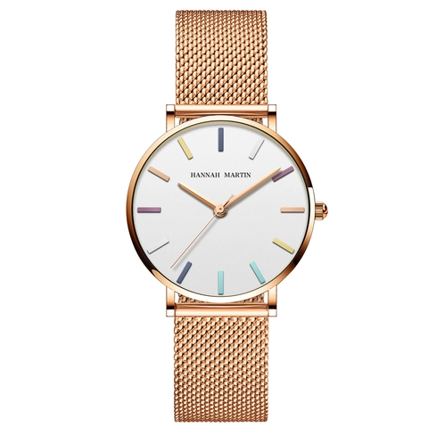 Reloj de Cuarzo de Moda para Mujer Movimiento Suizo Impermeable Correa de Malla de Acero Inoxidable Ultrafino Minimalista Arco Iris