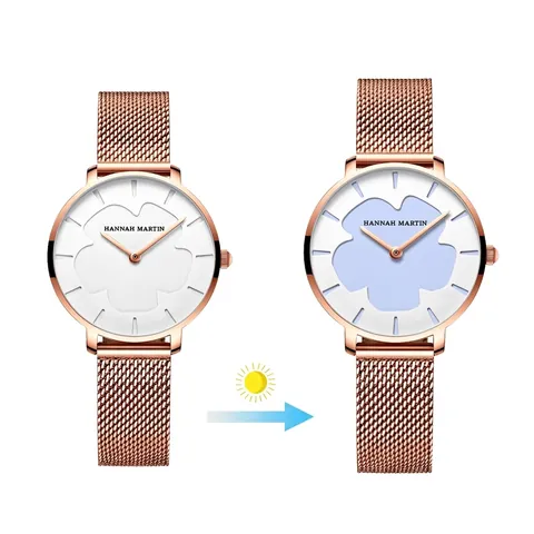 Hannah Martin Orologio al Quarzo Donna Quadrante Floreale Fotocromatico Cinturino Maglia Acciaio Inossidabile Oro Rosa Orologio Impermeabile