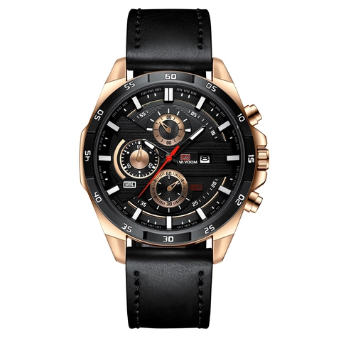 VA VA VOOM Reloj de Cuarzo para Hombre Negocios Caja de Aleación Correa de Cuero Genuino Luminoso Multifuncional Cronógrafo Impermeable
