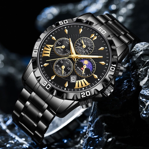 VA VA VOOM Men Business Quartz Watch Waterproof Stainless Steel Strap Chronograph Calendar Moon Phase Luminous Wristwatch