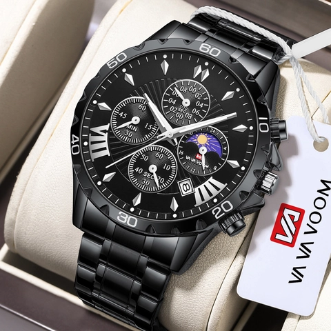 VA VA VOOM Men Business Quartz Watch Waterproof Stainless Steel Strap Chronograph Calendar Moon Phase Luminous Wristwatch