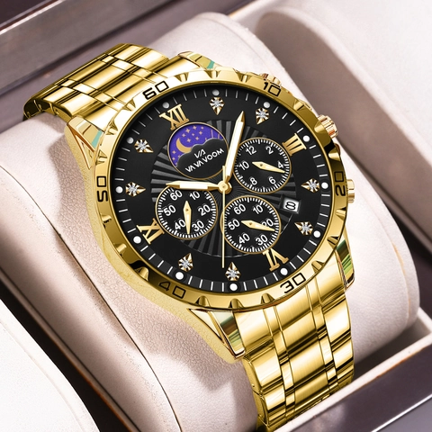 Orologio al Quarzo da Uomo Business di Lusso Impermeabile Luminoso Cinturino in Acciaio Inossidabile Cronografo Fasi Lunari