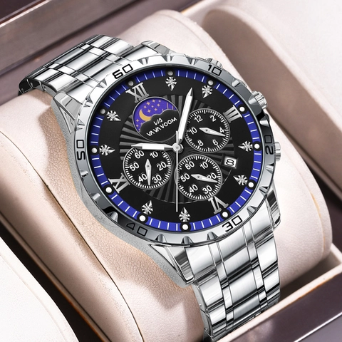 Orologio al Quarzo da Uomo Business di Lusso Impermeabile Luminoso Cinturino in Acciaio Inossidabile Cronografo Fasi Lunari