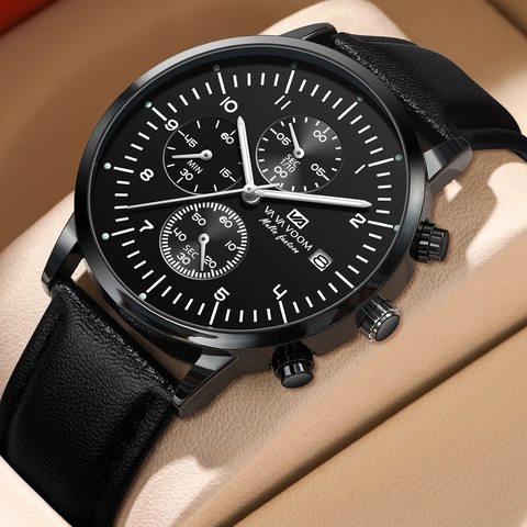 Orologio da Uomo Quarzo Business Cassa in Lega Cinturino in Vera Pelle Acciaio Inossidabile Multifunzione Cronografo Calendario Impermeabile