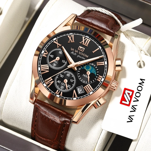 VAVAVOOM Men Business Chronograph Quartz Watch Alloy Case Leather Strap Waterproof Luminous Date Roman Numeral Men Wristwatch