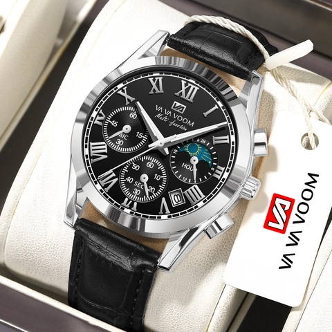 VAVAVOOM Men Business Chronograph Quartz Watch Alloy Case Leather Strap Waterproof Luminous Date Roman Numeral Men Wristwatch