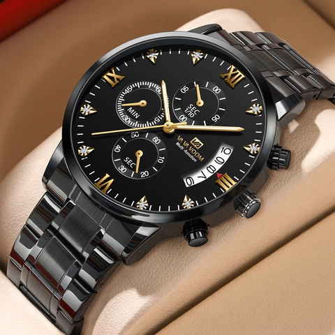 Orologio da Uomo Business Cronografo al Quarzo Impermeabile Calendario Luminoso Strass Cinturino in Acciaio Inox Nero