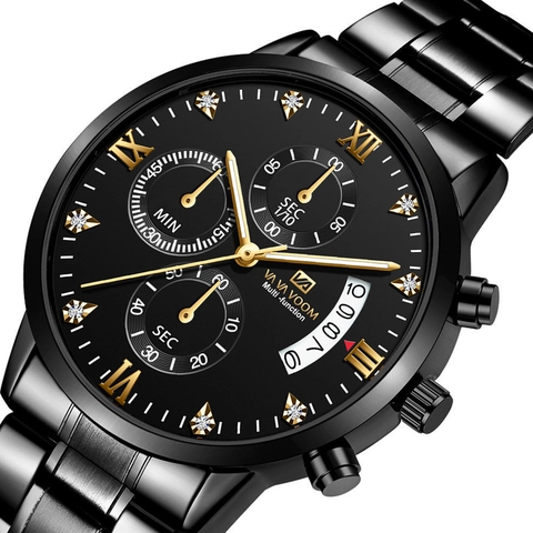 Orologio da Uomo Business Cronografo al Quarzo Impermeabile Calendario Luminoso Strass Cinturino in Acciaio Inox Nero
