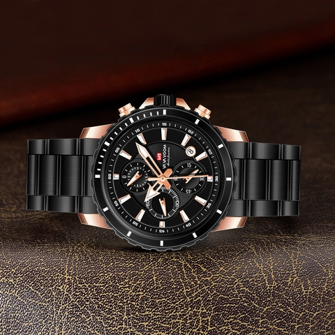 VA VA VOOM Men's Business Sports Quartz Watch Stainless Steel Band Chronograph Luminous Calendar Waterproof Wristwatch