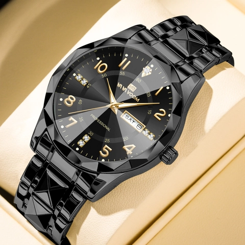 VAVA VOOM Orologio al Quarzo da Uomo Acciaio Inossidabile Business Lusso Orologio da Polso Giorno Data Luminoso Specchio Taglio Diamante
