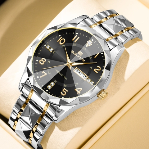 VAVA VOOM Orologio al Quarzo da Uomo Acciaio Inossidabile Business Lusso Orologio da Polso Giorno Data Luminoso Specchio Taglio Diamante