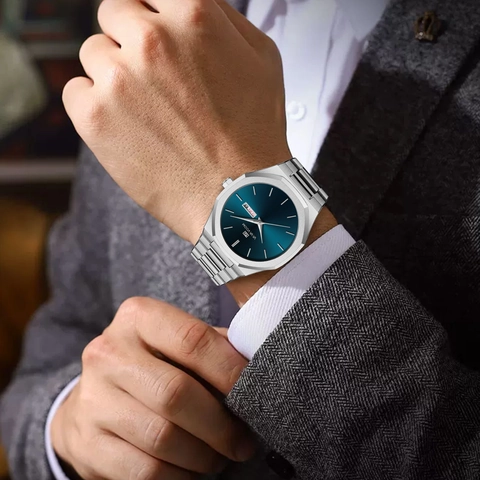 VA VA VOOM Orologio al Quarzo da Uomo Ghiera Ottagonale Cinturino in Acciaio Inossidabile Impermeabile Display Giorno Data