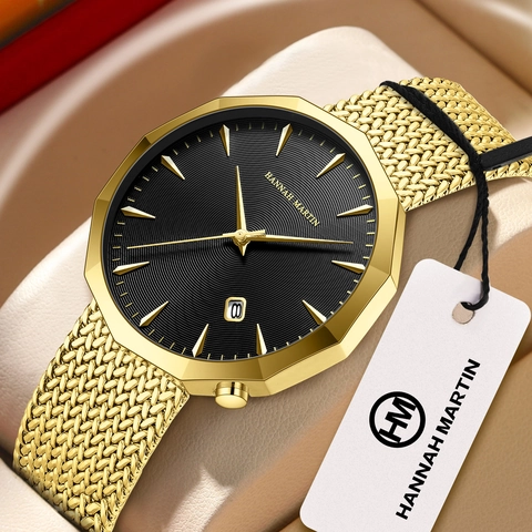 Hannah Martin Men's Quartz Watch Stainless Steel Mesh Band Waterproof Date Display Octagonal Case Business Casual Wristwatch