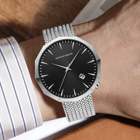 Hannah Martin Men's Quartz Watch Stainless Steel Mesh Band Waterproof Date Display Octagonal Case Business Casual Wristwatch
