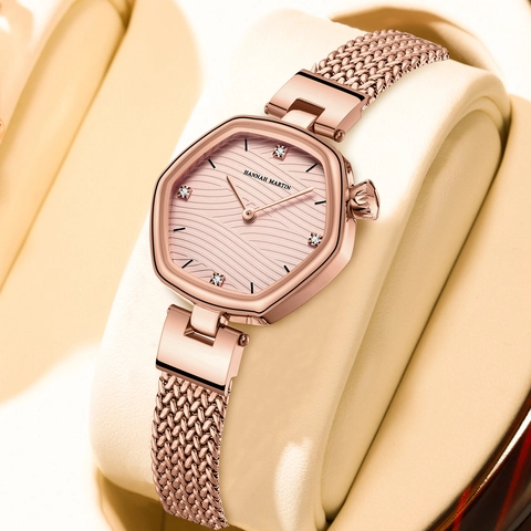 Hannah Martin Women Fashion Quartz Watch Hexagonal Case Wave Texture Dial Waterproof Stainless Steel Mesh Strap Ladies Watch