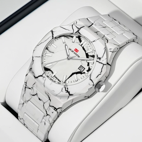 Orologio al Quarzo di Lusso da Uomo Con Motivo Marmo Calendario Impermeabile Ghiera Ottagonale Cassa in Lega Cinturino in Plastica