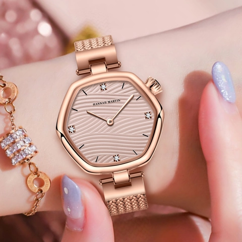 Hannah Martin Women Fashion Quartz Watch Hexagonal Case Wave Texture Dial Waterproof Stainless Steel Mesh Strap Ladies Watch