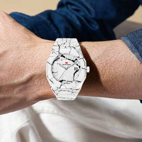 Fashion Men Quartz Watch Marble Pattern Octagonal Bezel Luminous Hands Calendar Date Alloy Case ABS Band Sport Wristwatch