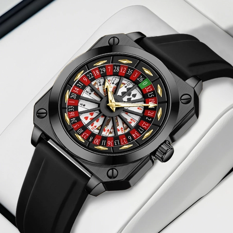 Casino Roulette Poker Theme Men Quartz Watch Luminous Waterproof Alloy Square Case Silicone Strap Fashion Creative Wristwatch